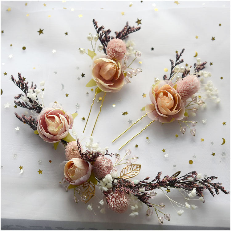 Three-piece Bridal Headdress With Dried Flowers And Roses