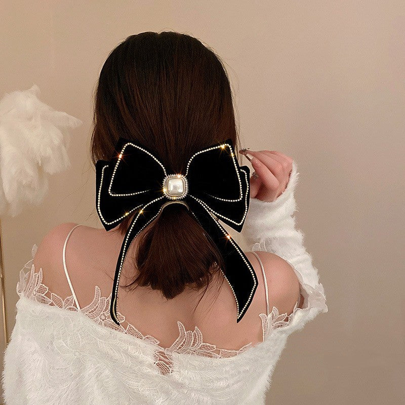 Velvet Diamond Pearl Bow Hairpin Korean Fashion