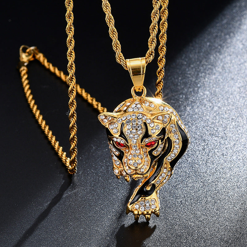 Gold-plated Oil Drop Rhinestone Leopard Head Pendant Necklace