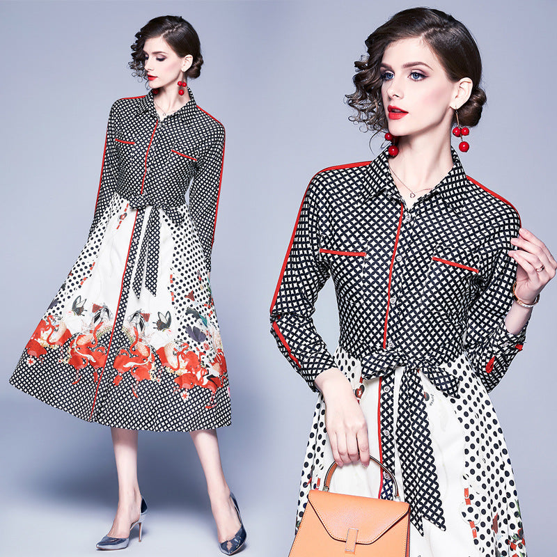 Fashion Printed Long-sleeved Waist Waist Mid-length Western-style Dress