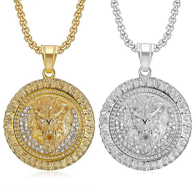 Stainless Steel Vacuum Gold Plated Dotted Diamond Flame Pattern Lion Head Pendant Necklace