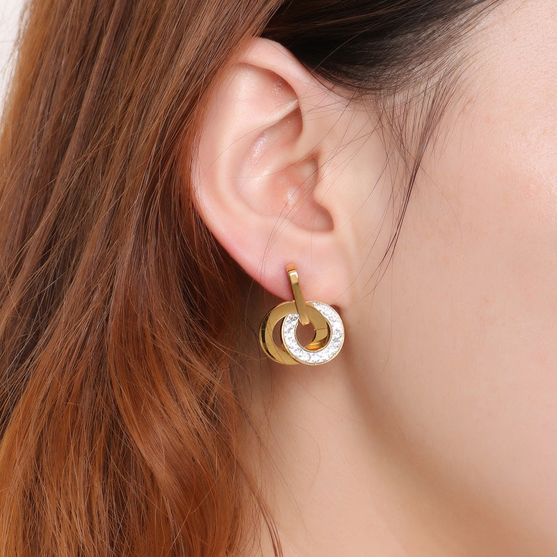 Double Ring Interlocking Diamond Inlaid Female Jewelry