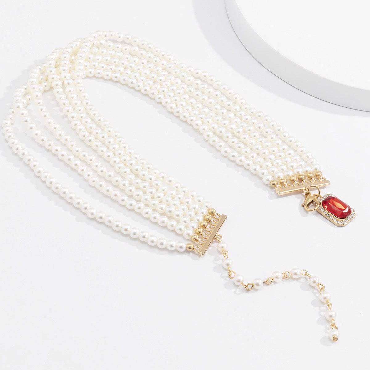 Red Square Gemstone Imitation Pearl Multi-layer Temperament Necklace Women