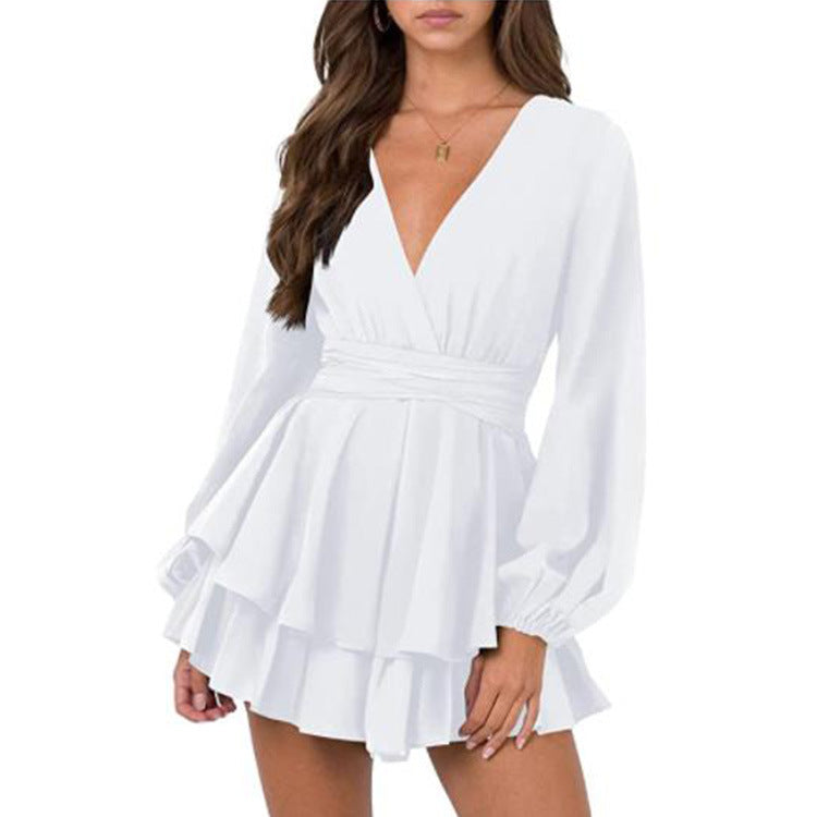 Women's Solid V-Neck Long Sleeve Belt Ruffle Hem Dress