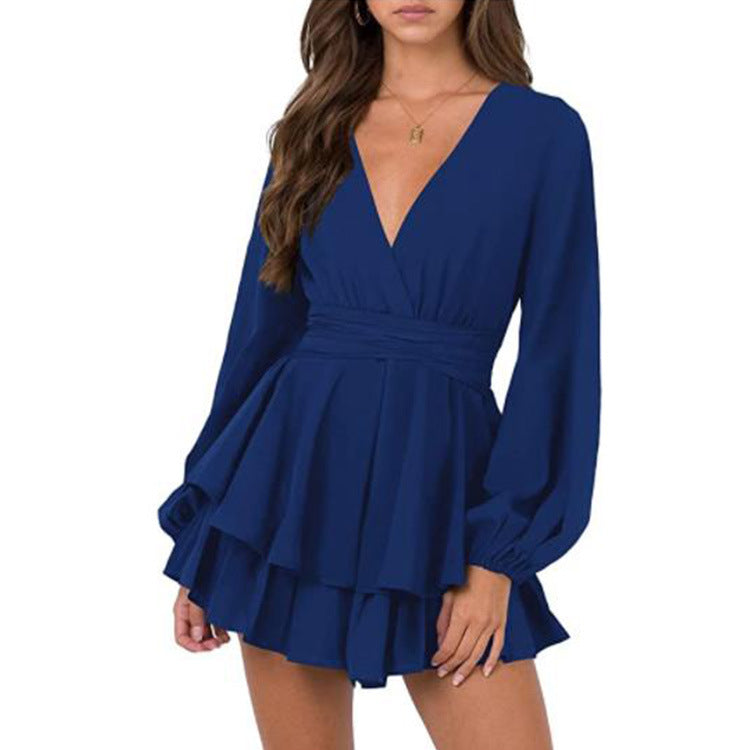 Women's Solid V-Neck Long Sleeve Belt Ruffle Hem Dress