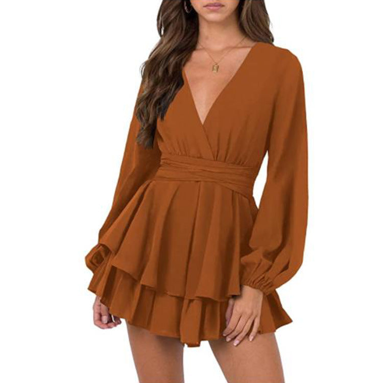 Women's Solid V-Neck Long Sleeve Belt Ruffle Hem Dress