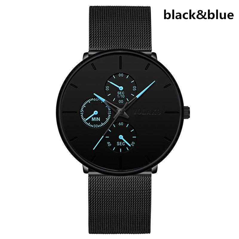 Foreign Trade Hot Sale Men's Alloy Mesh Strap Watch Fake Three-eye Three-needle