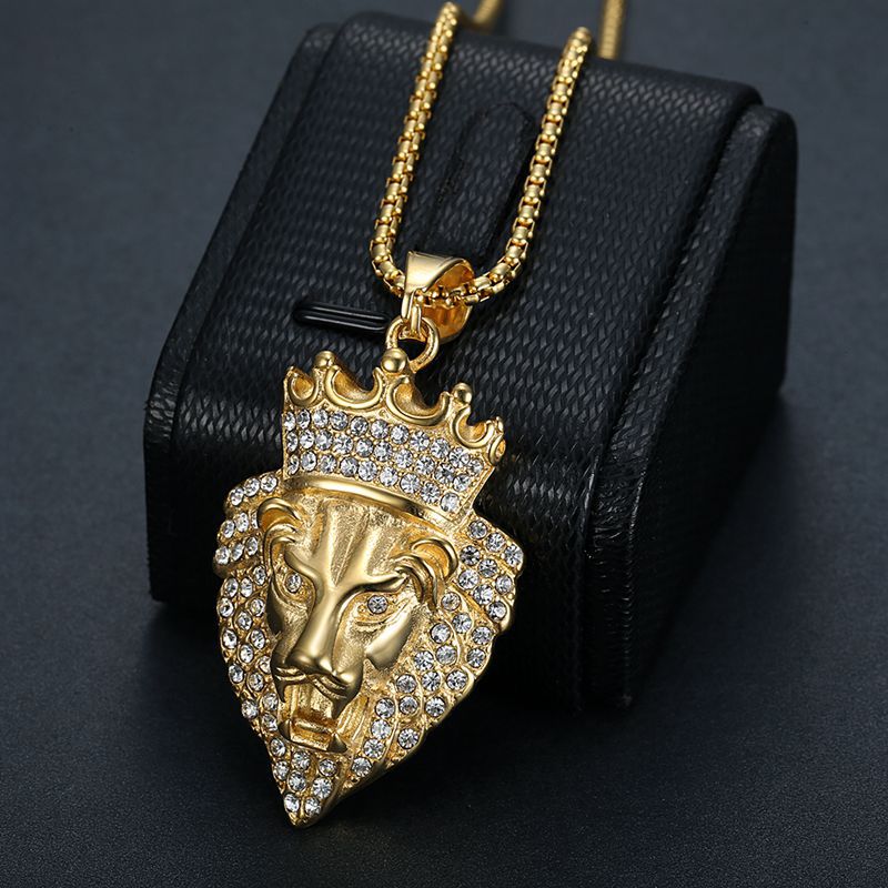 Gilded Rhinestone Crown Lion Head Pendant