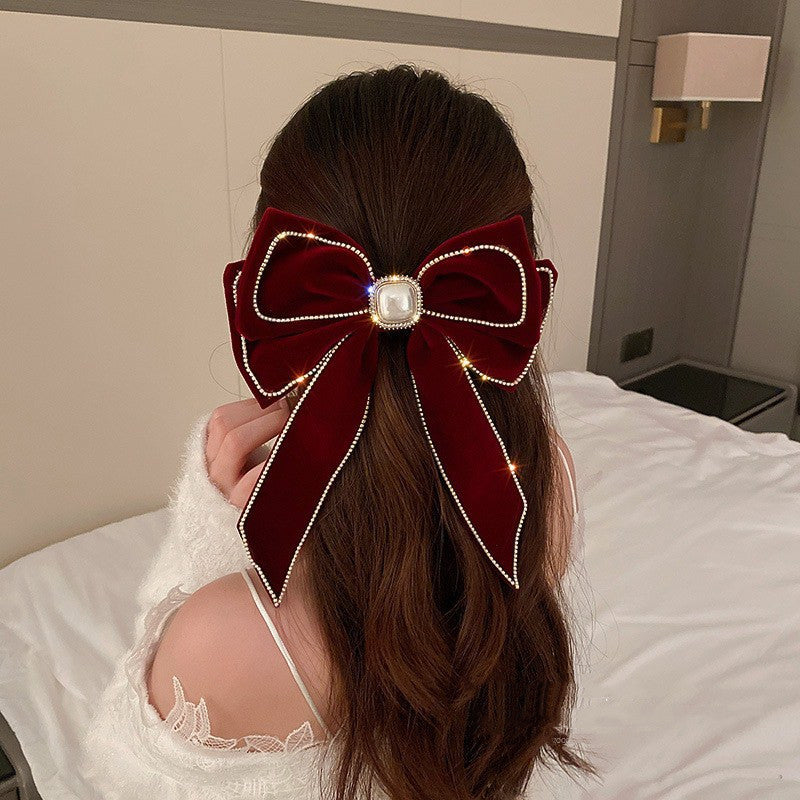 Velvet Diamond Pearl Bow Hairpin Korean Fashion