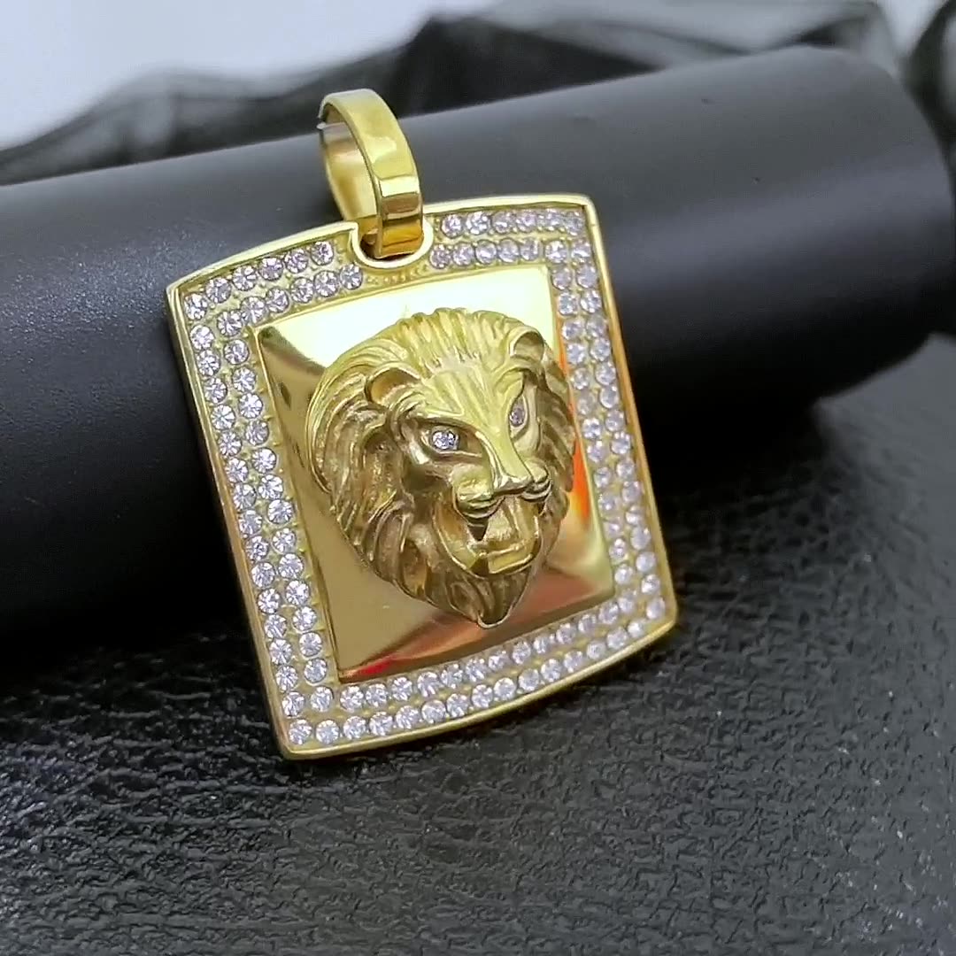 Stainless Steel Gold-plated Square Lion Head Pendant