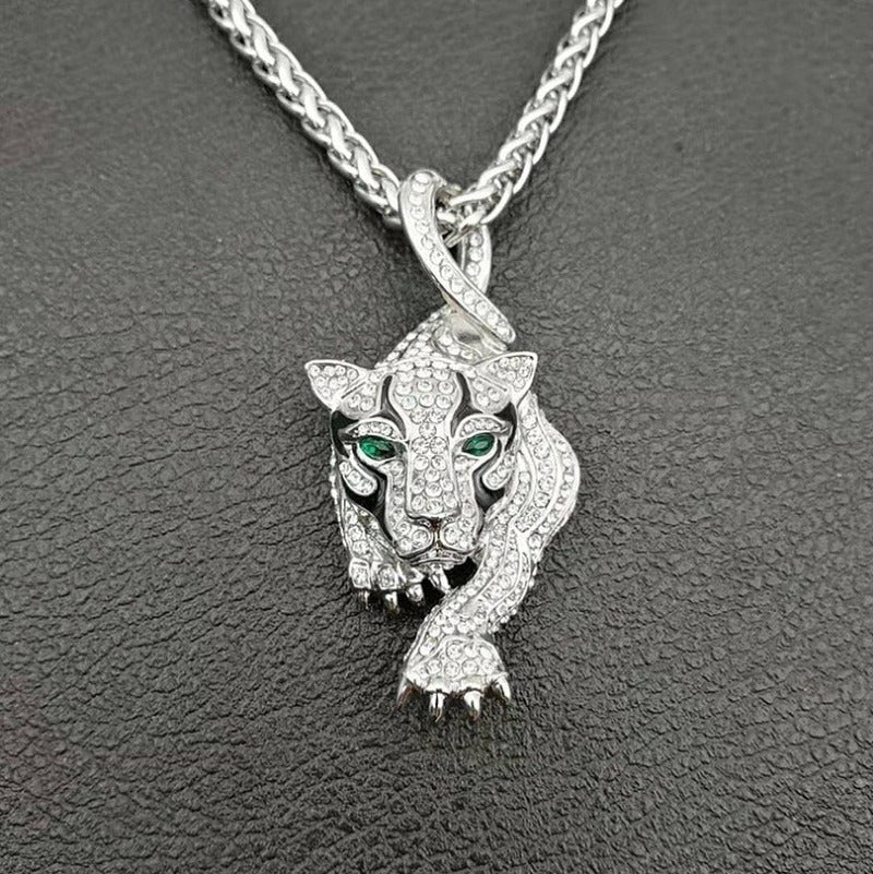 Tiger Head Pendant With Green Eyes And Diamonds