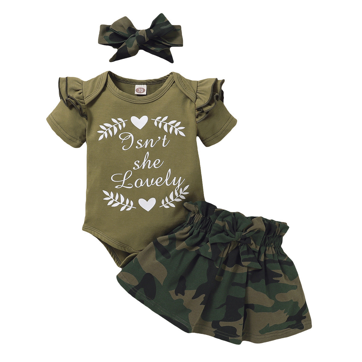 Girls' Letter Print Short Sleeve Top Three-piece Camouflage Skirt