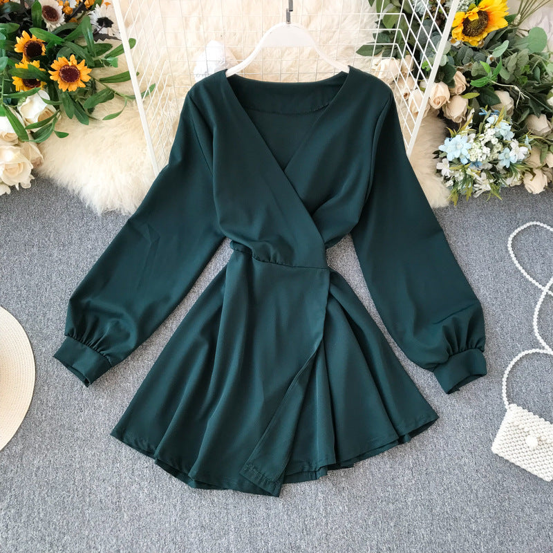 Long Sleeve Slim Waist V Dress Small Man