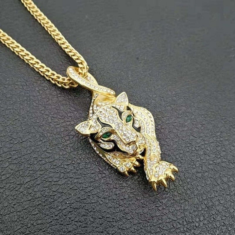 Tiger Head Pendant With Green Eyes And Diamonds