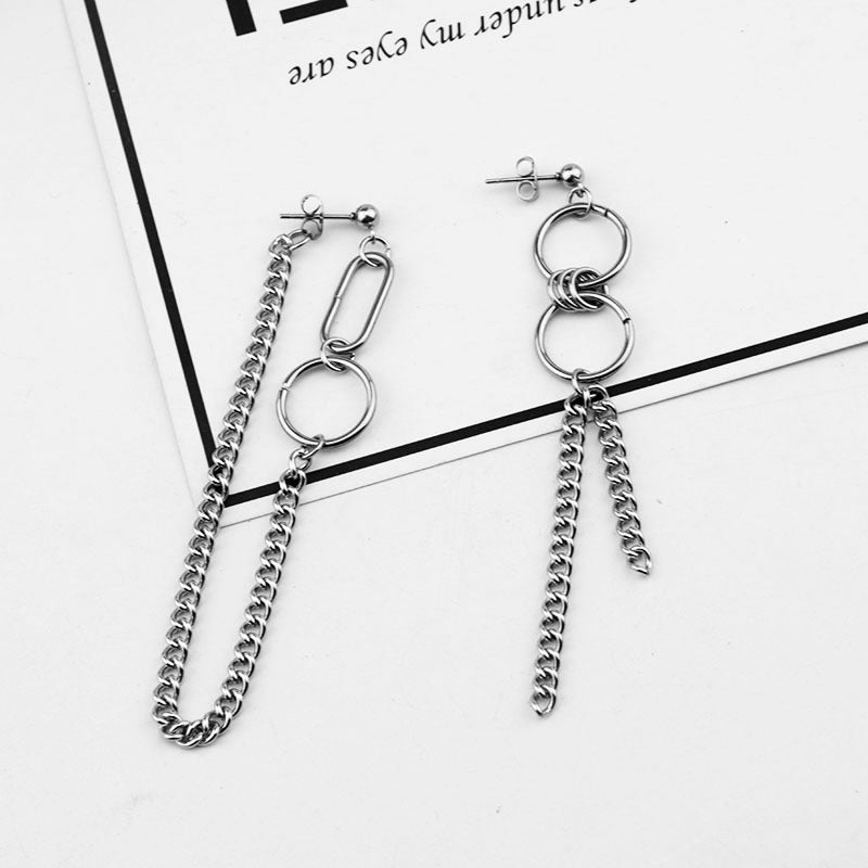 Men's Chain Assembling Asymmetric Earrings With Long Temperament