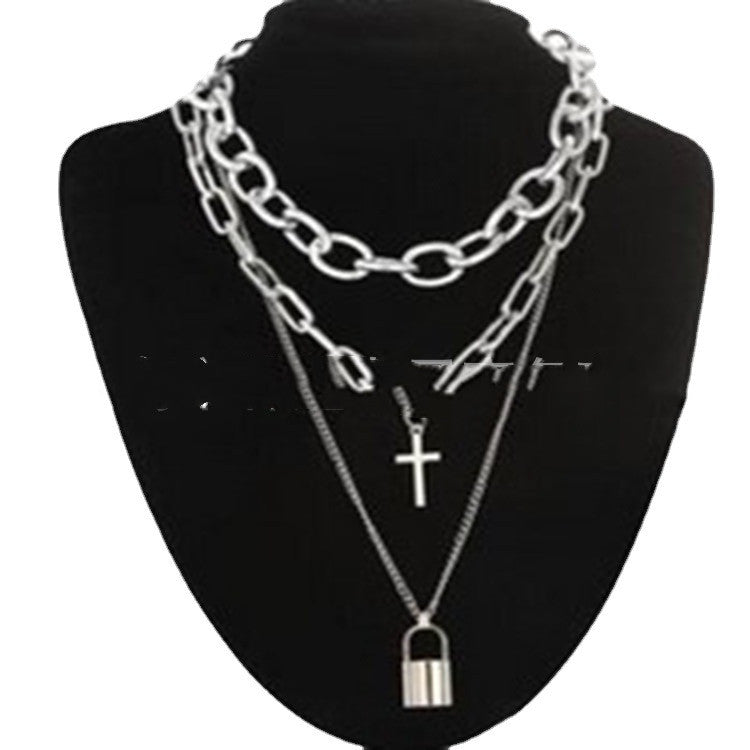 Punk Hip-hop Multi-layer Metal Chain Can  Peach Heart Lock Necklace Sweater Chain