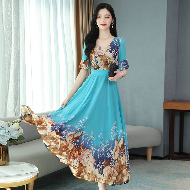 Short-sleeved Waist Mid-length Over-the-knee Beach Chiffon Dress