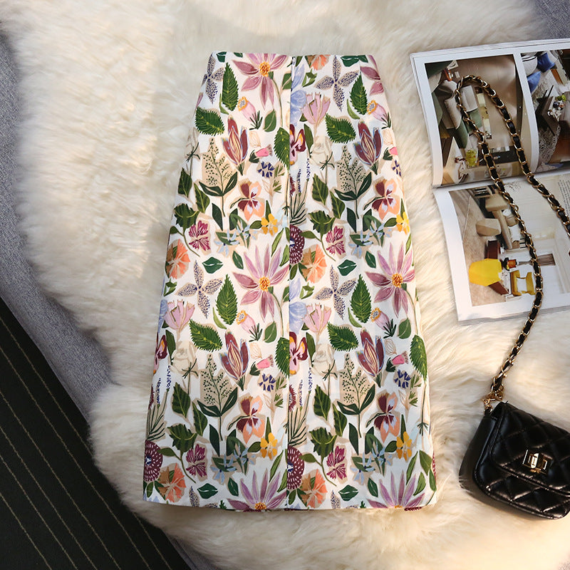 High Waist Mid Length One Step Floral Hip Skirt