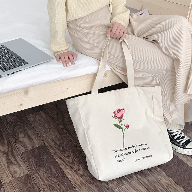 Literary Fan Rose Embroidered Casual Canvas Bag