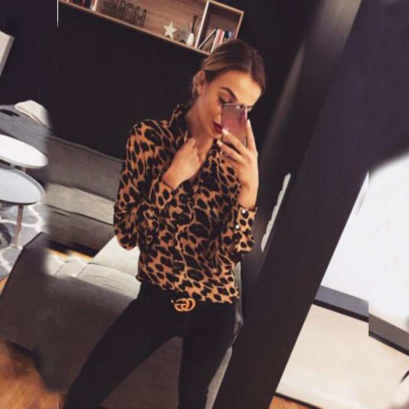 Explosive Fall Winter Slim Long Sleeve Shirt Leopard Print Top Shirt