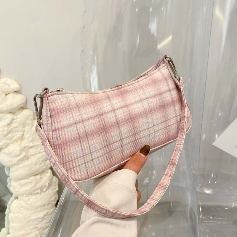 Ladies Shoulder Bag Portable Retro Plaid Baguette