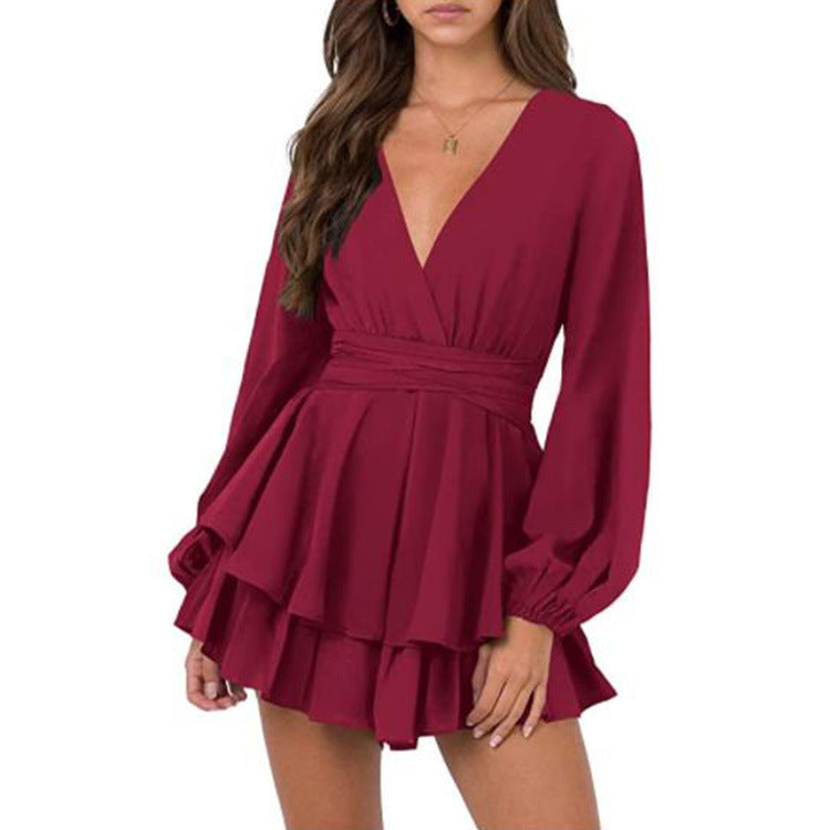 Women's Solid V-Neck Long Sleeve Belt Ruffle Hem Dress