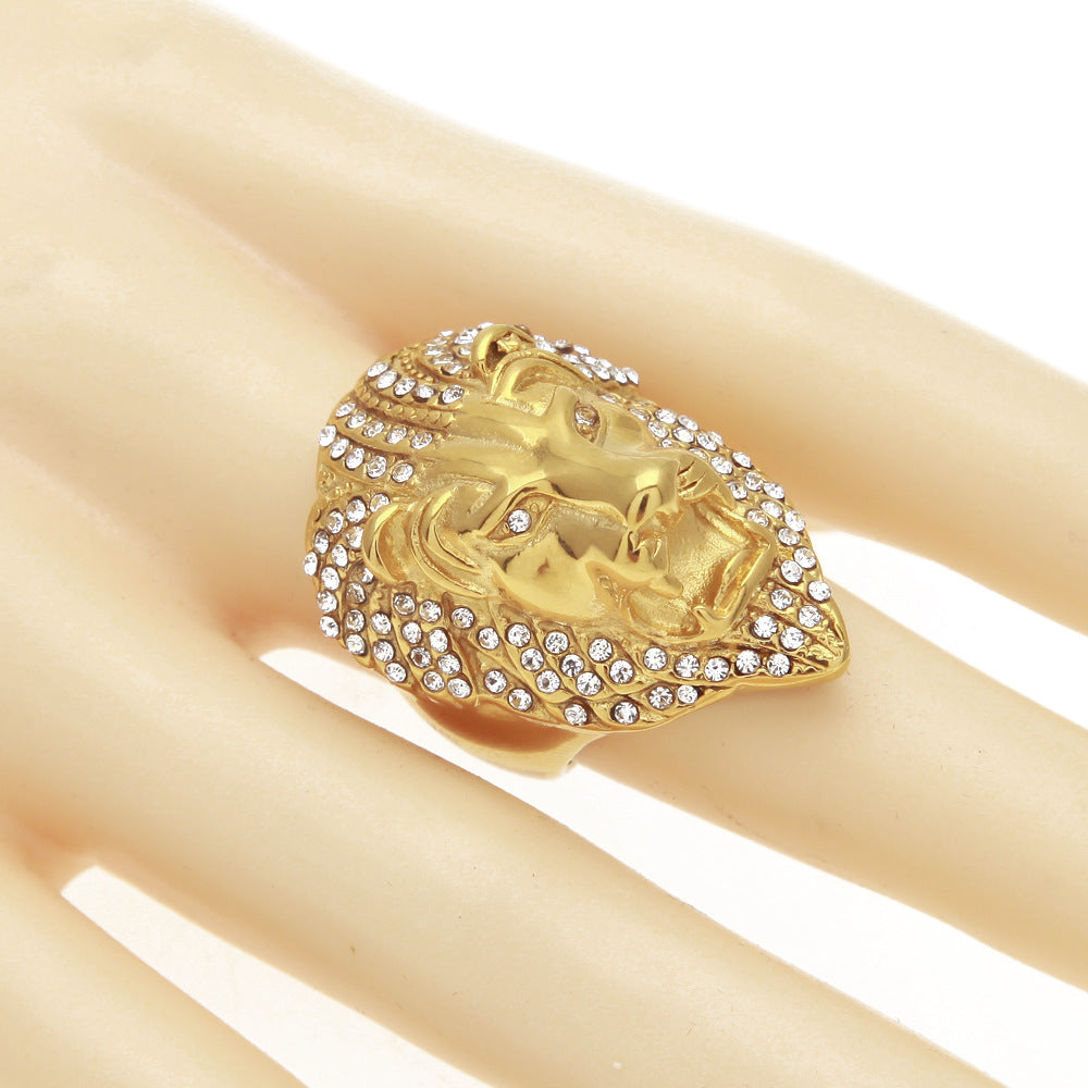 Domineering Retro 18k Gold-plated Diamond Lion Head King Oversized Ring Male Trend