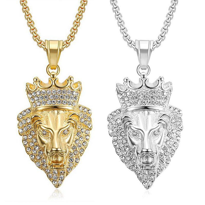 Gilded Rhinestone Crown Lion Head Pendant