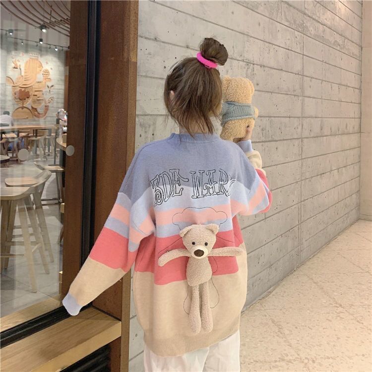 Cute Bear Rainbow Striped Loose Sweater