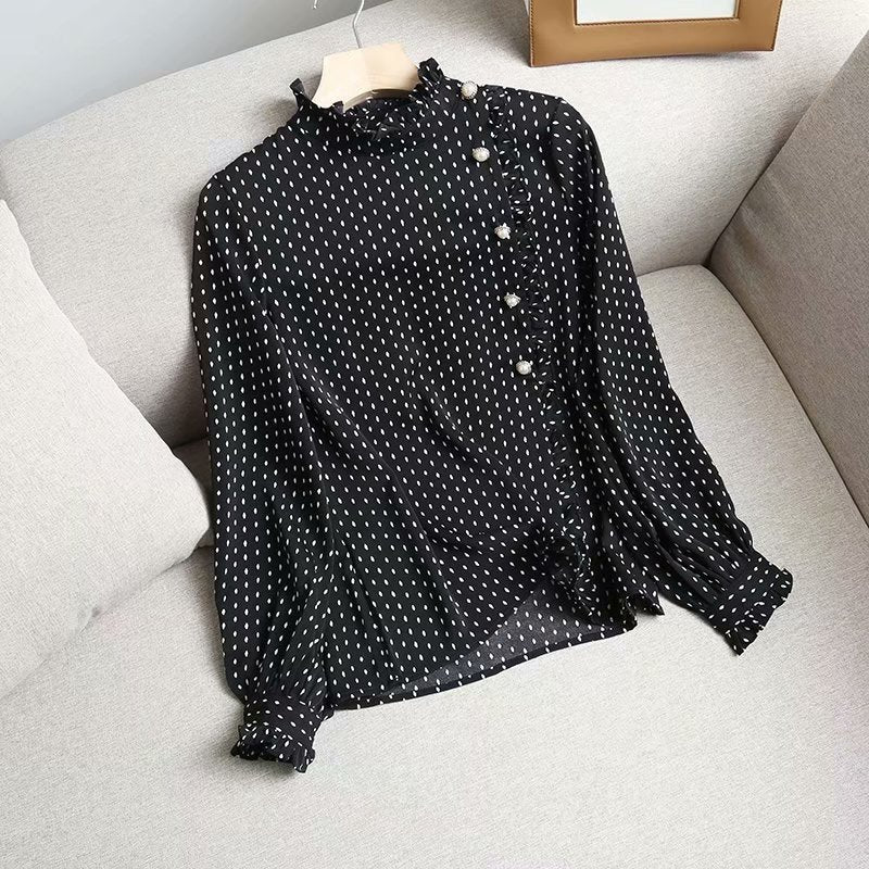 Stand-Up Collar Chiffon Pullover Polka Dot Print Long Sleeves With Wood Ears