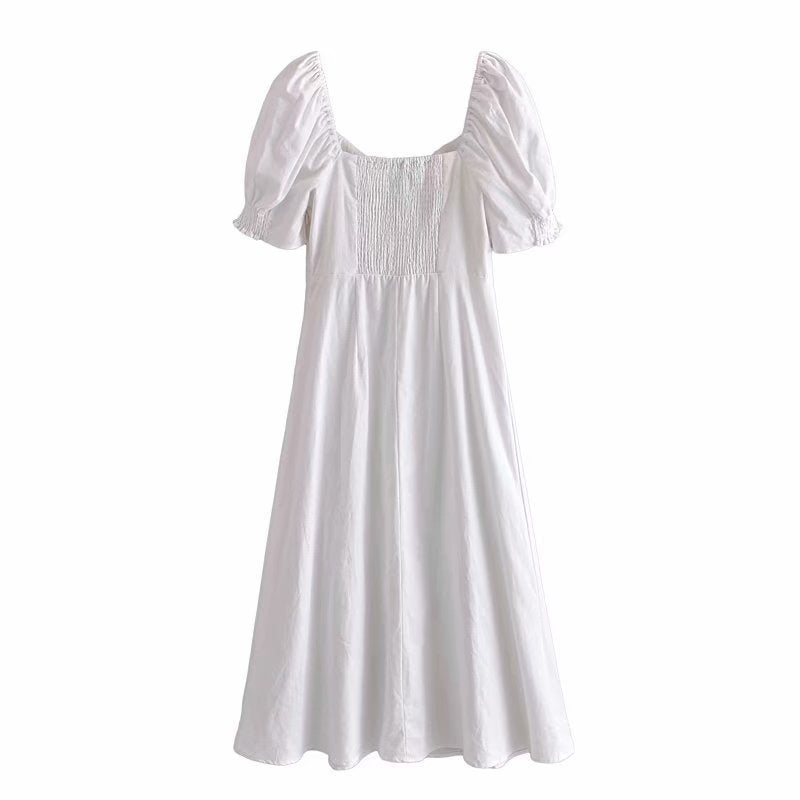 Summer Women's Square Neck Short Sleeve Chest Pleated High Waist Slim Dress