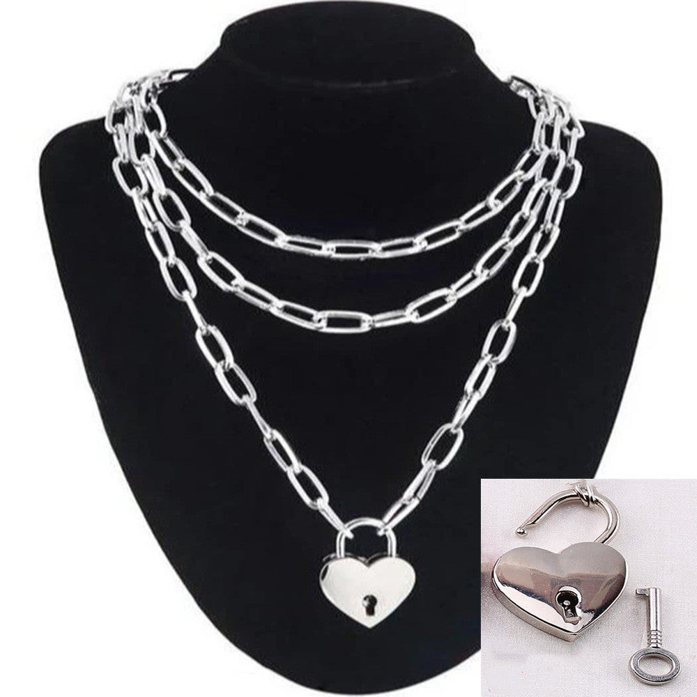 Punk Hip-hop Multi-layer Metal Chain Can  Peach Heart Lock Necklace Sweater Chain