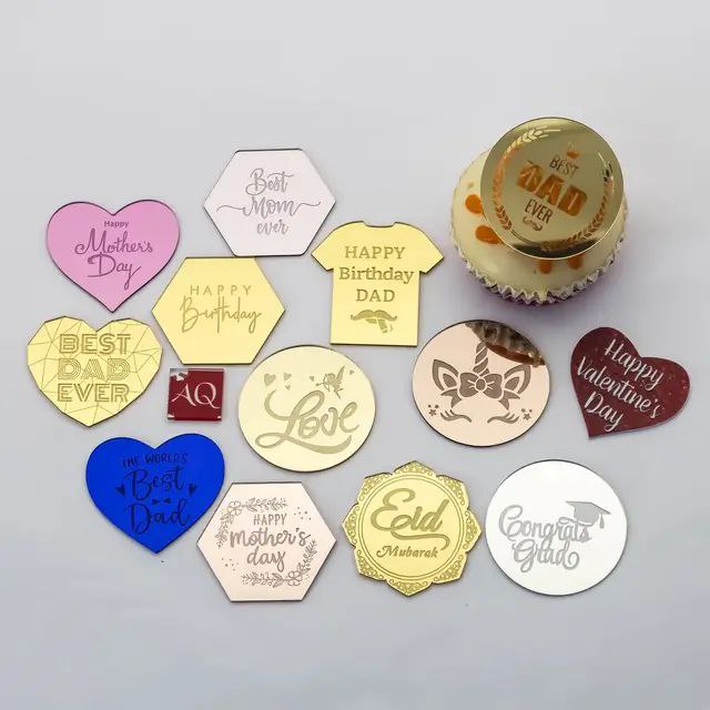 New Happy Birthday Laser Mark Shiny Gold Mirror Disc Charm Cupcake Round Acrylic Disk Topper For Mother's Father's Day