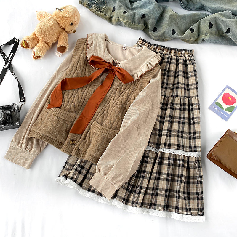 Korean style doll neck tie shirt V-neck knitted waistcoat high waist slimming plaid skirt soft girl fashion suit