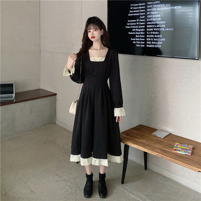 Large size early autumn skirt fat sister French retro square collar long-sleeved dress female lace stitching was thin little black dress