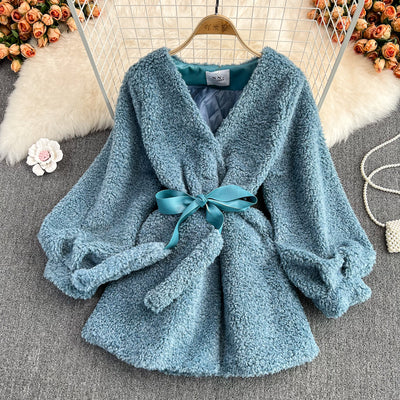 2021 winter lazy retro V-neck waist slimming mid-length plush casual cardigan lamb wool coat women