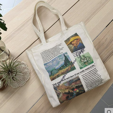 Literary and art self-made retro oil painting women's shoulder canvas bag INS niche bag chic student environmental protection hand bag