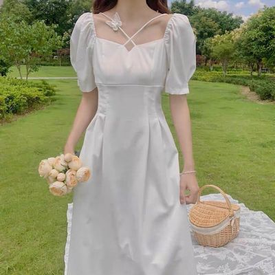 French first love white skirt fairy gentle temperament waist slimming square collar long skirt super fairy forest dress summer