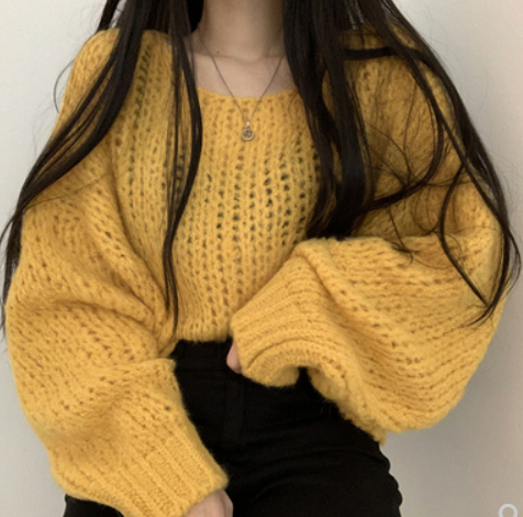 Spring and autumn 2021 new lazy style loose casual lantern sleeve thick sweater knit top gray sweater women's clothing [Transaction Snapshot]