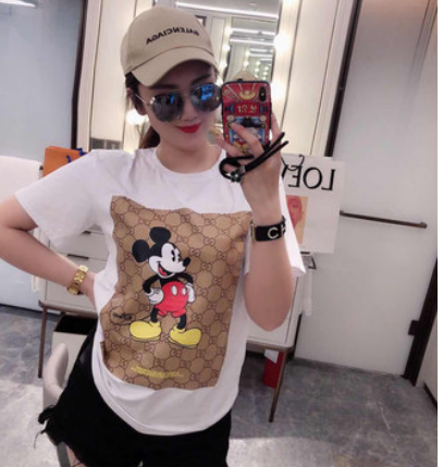 European station 2021 summer new short-sleeved wild western style full map Mickey print T fashion net red shirt women