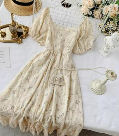 Elegant O-Neck Puff Sleeve Lace Dress Women Summer Sweet