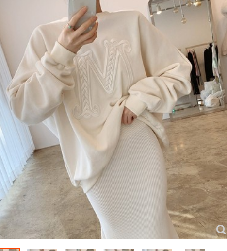 Korea chic autumn and winter loose age-reducing heavy industry letters embroidery gentle milk white round neck pullover long sleeve sweater sweater