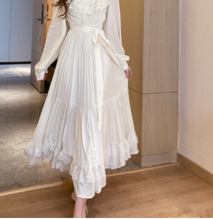 2020 spring lace long-sleeved dress female palace Yanfeng square neck long dress sweet princess dress