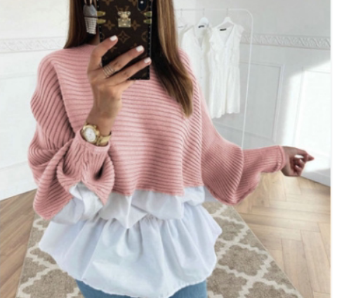 Europe and America 2020 Fall Fashion Loose Fashion Knit Sweater Stitching Shirt Bat Sleeve Waist Top T-shirt Trendy Girl