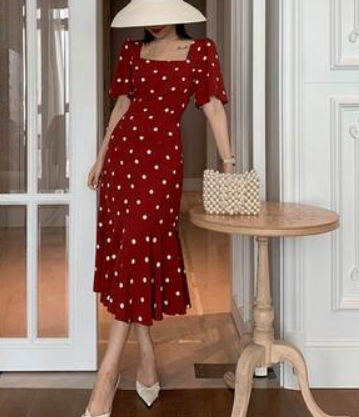 2021 plus size women's blouse, red polka dot fishtail long skirt, fat sister, western style, square collar, thin chiffon dress