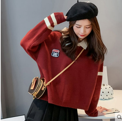 Japanese college style lapel sweater women's spring and autumn new loose lazy style sweater outer wear long-sleeved student jacket