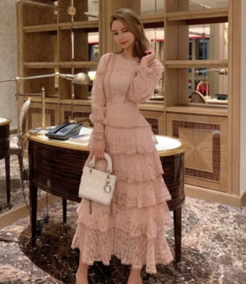 European and American fashion new women's French niche lace dress high waist long skirt temperament chic cake skirt female