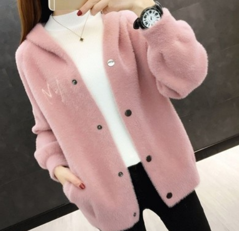 Amna ali  Autumn and winter clothing 2021 new style Korean hooded sweater knit sweater cardigan blouse mink velvet jacket women short