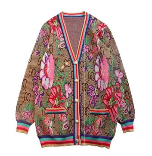 Retro light luxury gold thread flower contrast stitching loose V-neck temperament is thinner jacquard knitted cardigan jacket