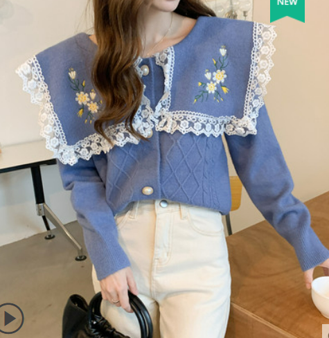 2021 new early autumn plus size women's fat mm retro embroidery age-reducing knitted cardigan doll collar sweater jacket women